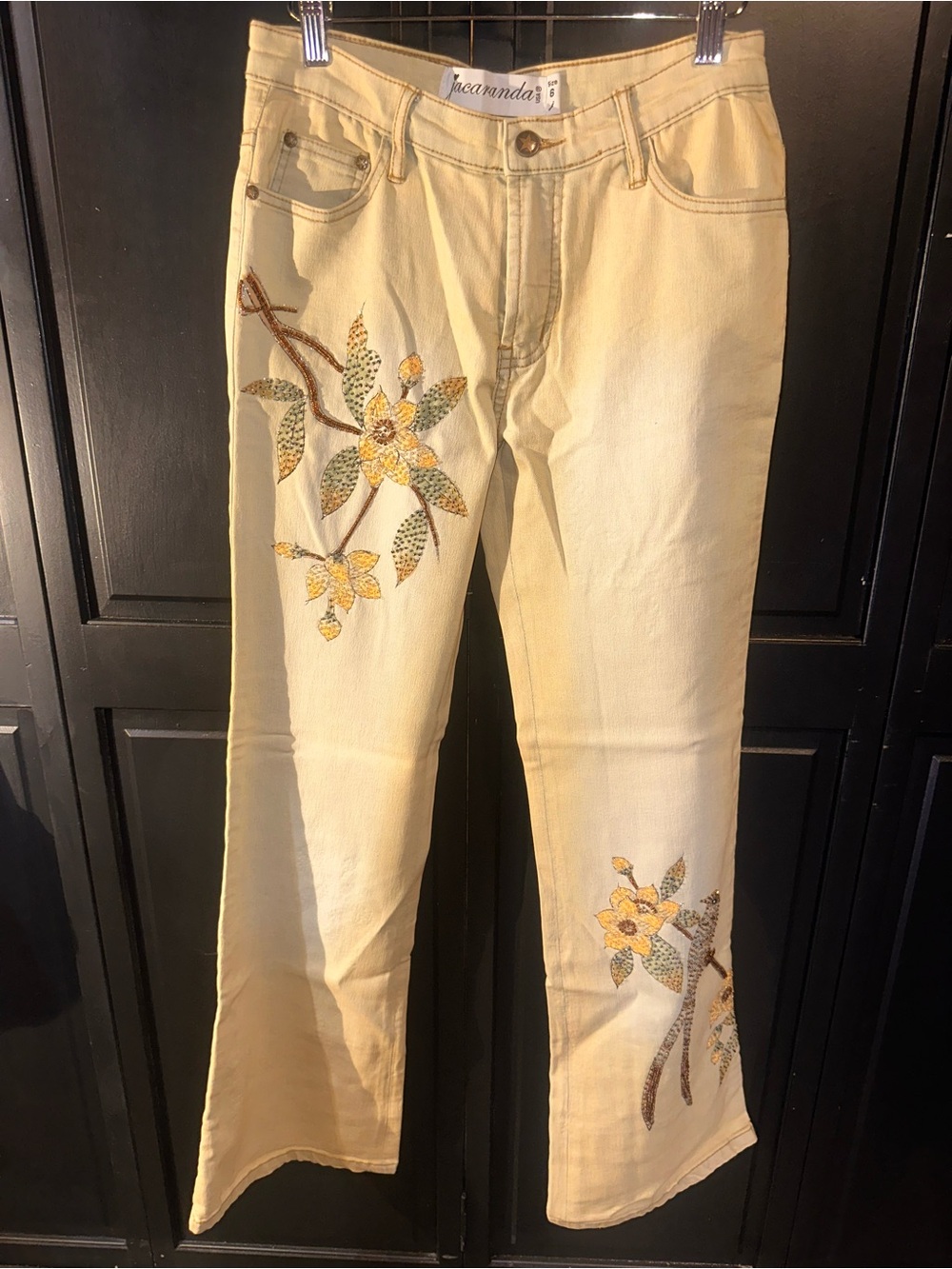 Yellow Floral Embroidered Wide Leg Jeans